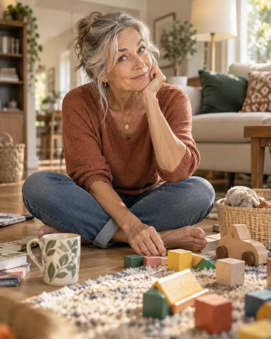 A mature woman comfortably sitting on the floor near children's blocks